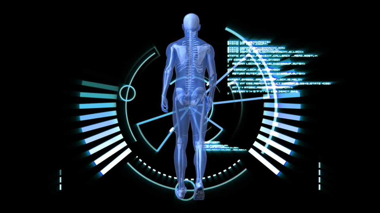 animación digital del modelo del cuerpo humano caminando contra el escáner redondo y el procesamiento de datos