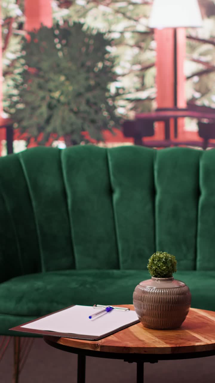 Sala d'attesa moderna con divano in velluto verde e tavolino da caffè.