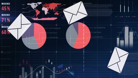 Animation-Von-Briefumschlägen-über-Statistik-Und-Datenverarbeitung