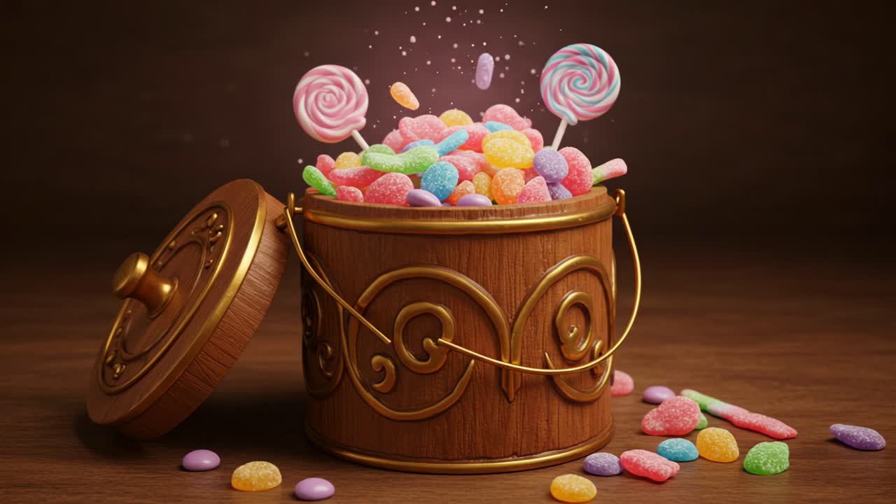 A Treasure Trove of Colorful Candies: An Open Wooden Box Overflowing with Vibrantly Colored Sweets, Including Lollipops and Gummy Treats, Ready for Indulgence