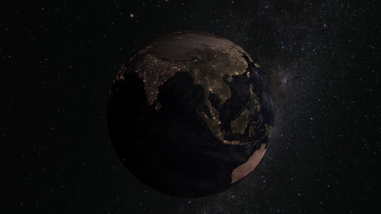 planeta tierra mundo globo espacio vía láctea rotación estrellas universo ciencia geografía sol luz ciudad luces lapso de tiempo
