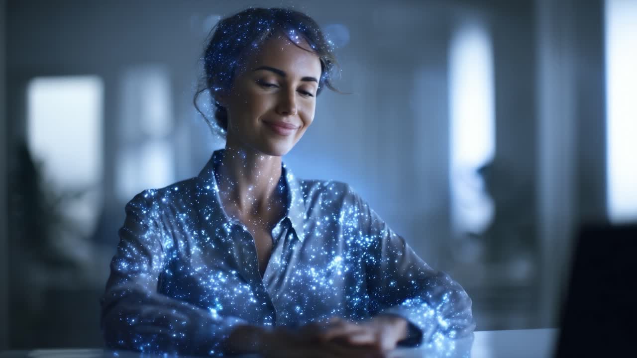 Una donna serena riflette sull'universo mentre siede in silenzio, circondata da uno straordinario spettacolo di luci cosmiche e stelle scintillanti in una stanza scarsamente illuminata