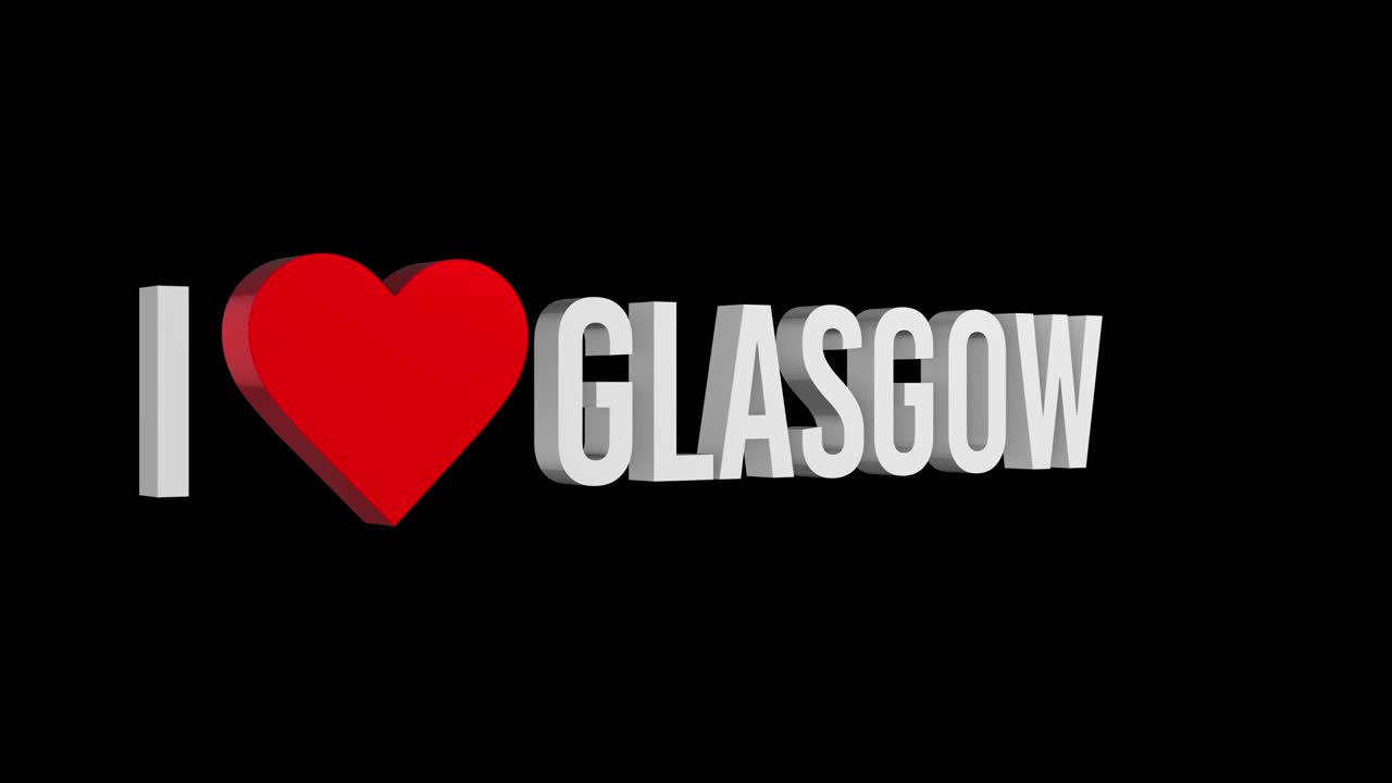 I love Glasgow. Text and heart 3d. Alpha channel