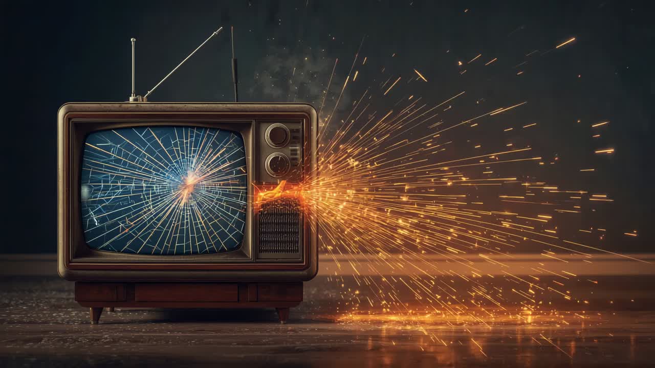 Scintille che eruttano dalla griglia di un televisore CRT dopo un forte impatto su uno schermo incrinato, studio, spazio per il testo.