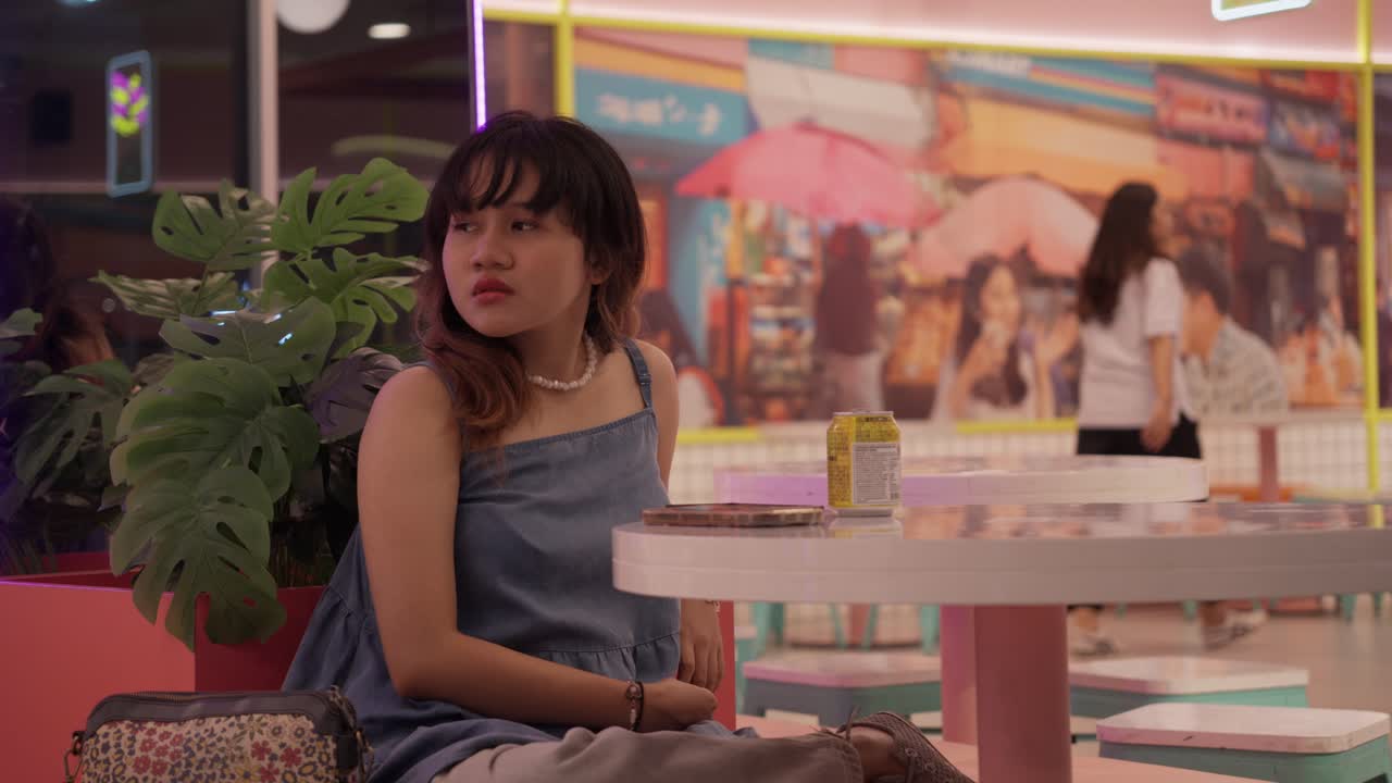 Lady Waiting For Someone In The Food Court Inside Mall. Slow Motion Shot