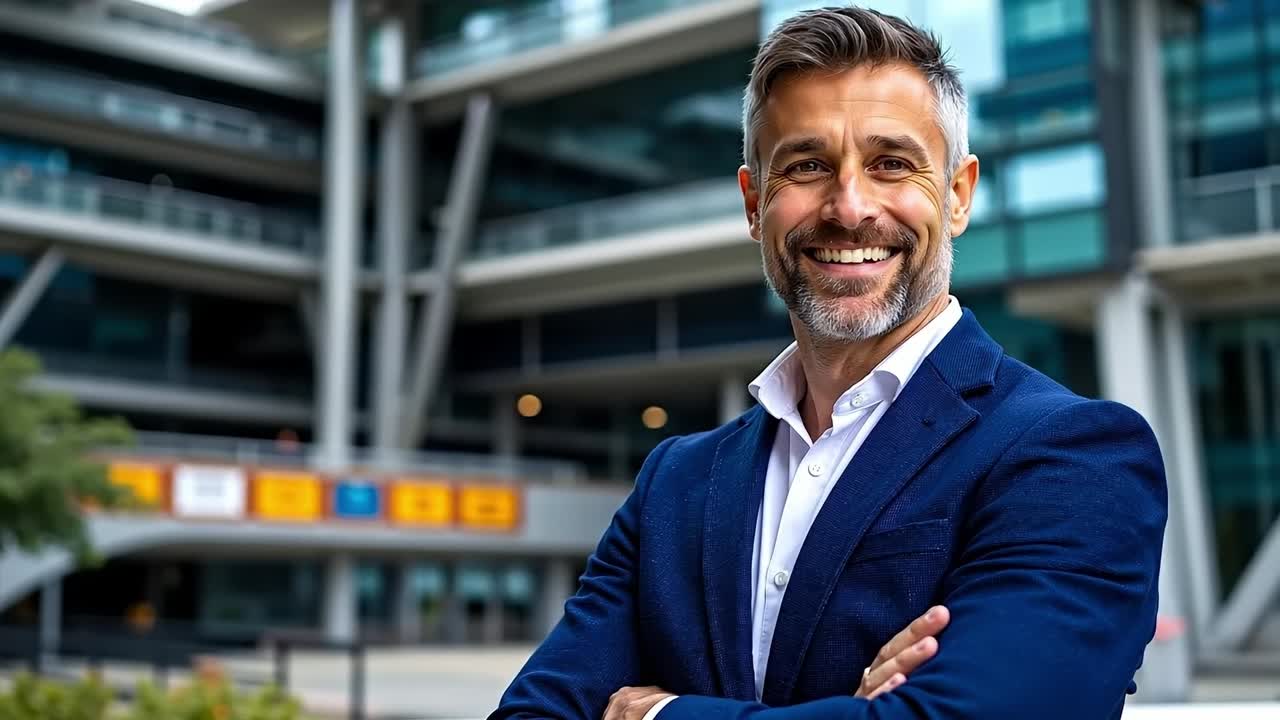 A man in a blue suit standing in front of a building