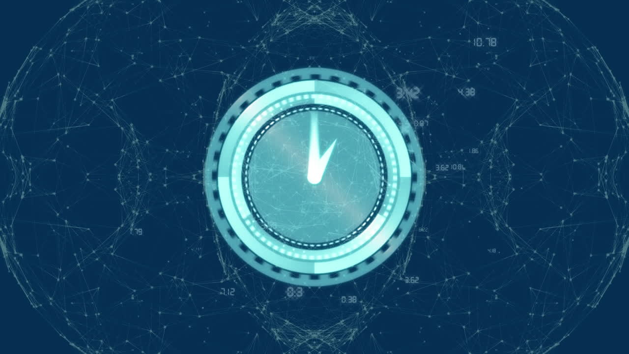 Animation of moving clock over globe of connections with data processing on blue background