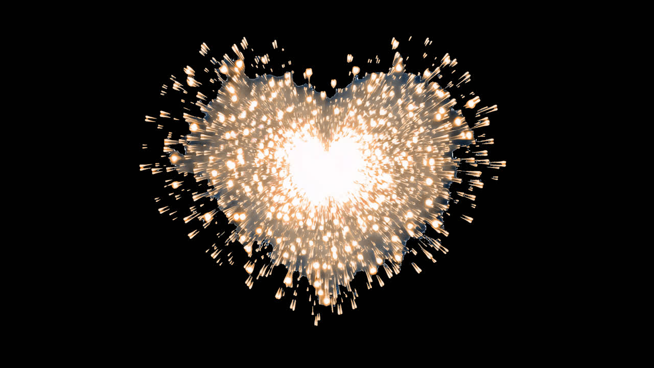 Heart-shaped sparkling fireworks display animation isolated asset, transparent 4K video, alpha
