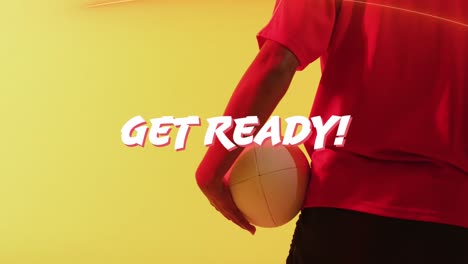 animation of get ready text over female rugby player on neon background