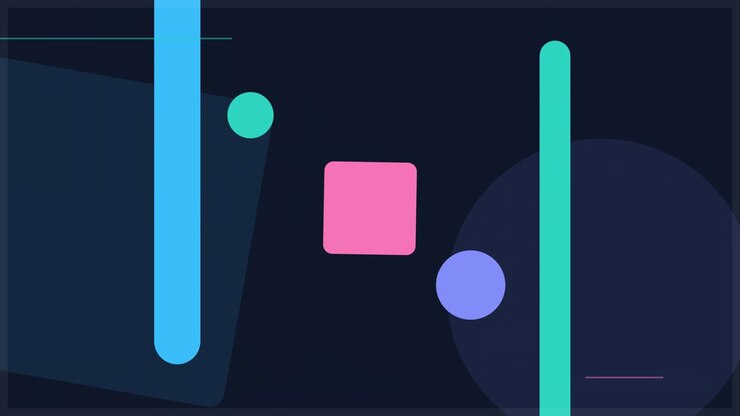 Abstrakti liikegrafiikka kelluvilla geometrisilla muodoilla.