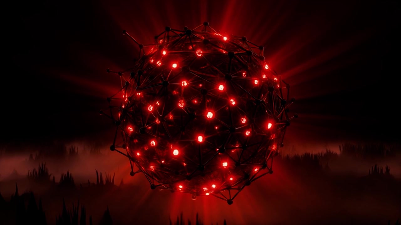 Glowing Red Abstract Sphere Floating Above Dark Spiky Terrain