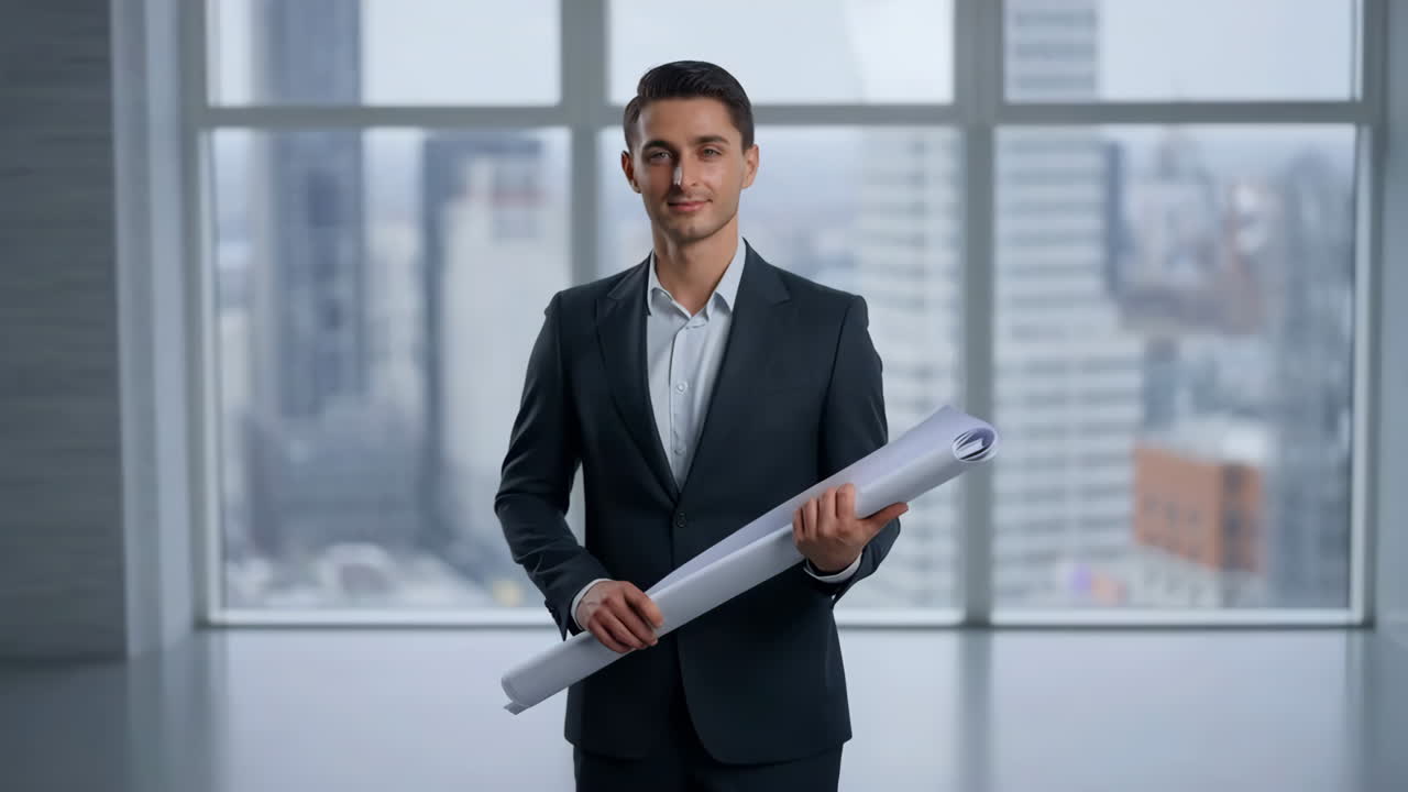 Architect holding blueprints in modern office