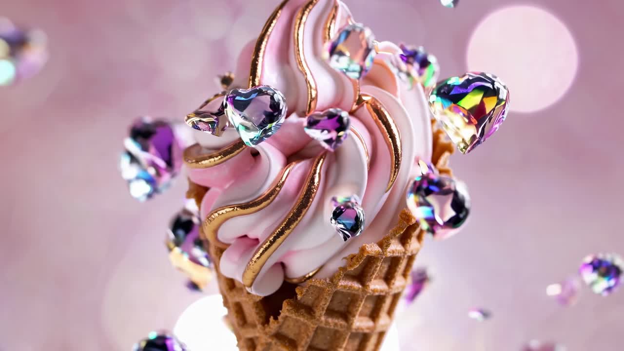 고급스러운 분홍색과 색 아이스크림은 부드러운 금 잎으로 장식되어 있으며, 와플 코너에 자리 잡고 있으며 부드러운 핑크색 배경에 반이는 심장 모양의 보석으로 둘러싸여 있습니다.