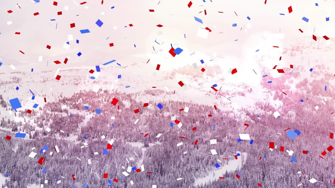Red, blue, and white confetti animation over snowy mountain landscape