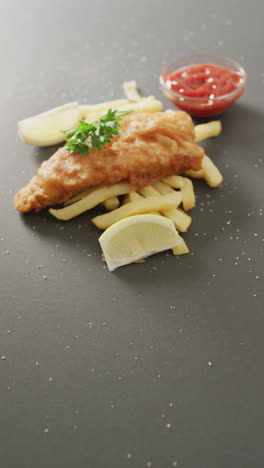 video vertical de pescado frito casero fresco y papas fritas en fondo gris