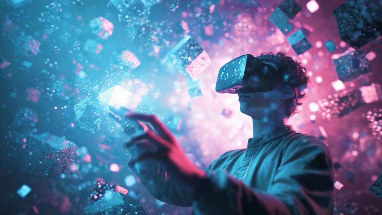 Exploring Virtual Reality: A Figure Engulfed in a Magnificent Digital Realm, Manipulating Floating Cubes of Light and Color While Using a VR Headset and Controller
