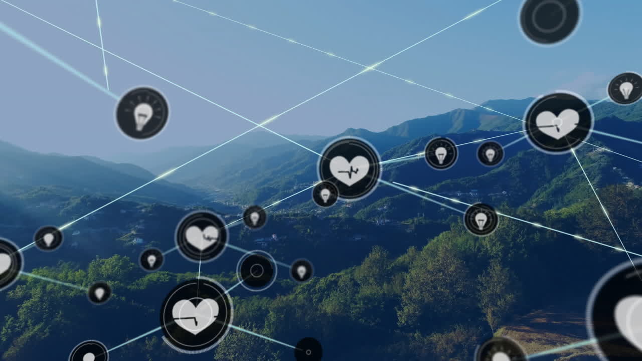 animación de la red de conexiones con iconos de corazón sobre el paisaje