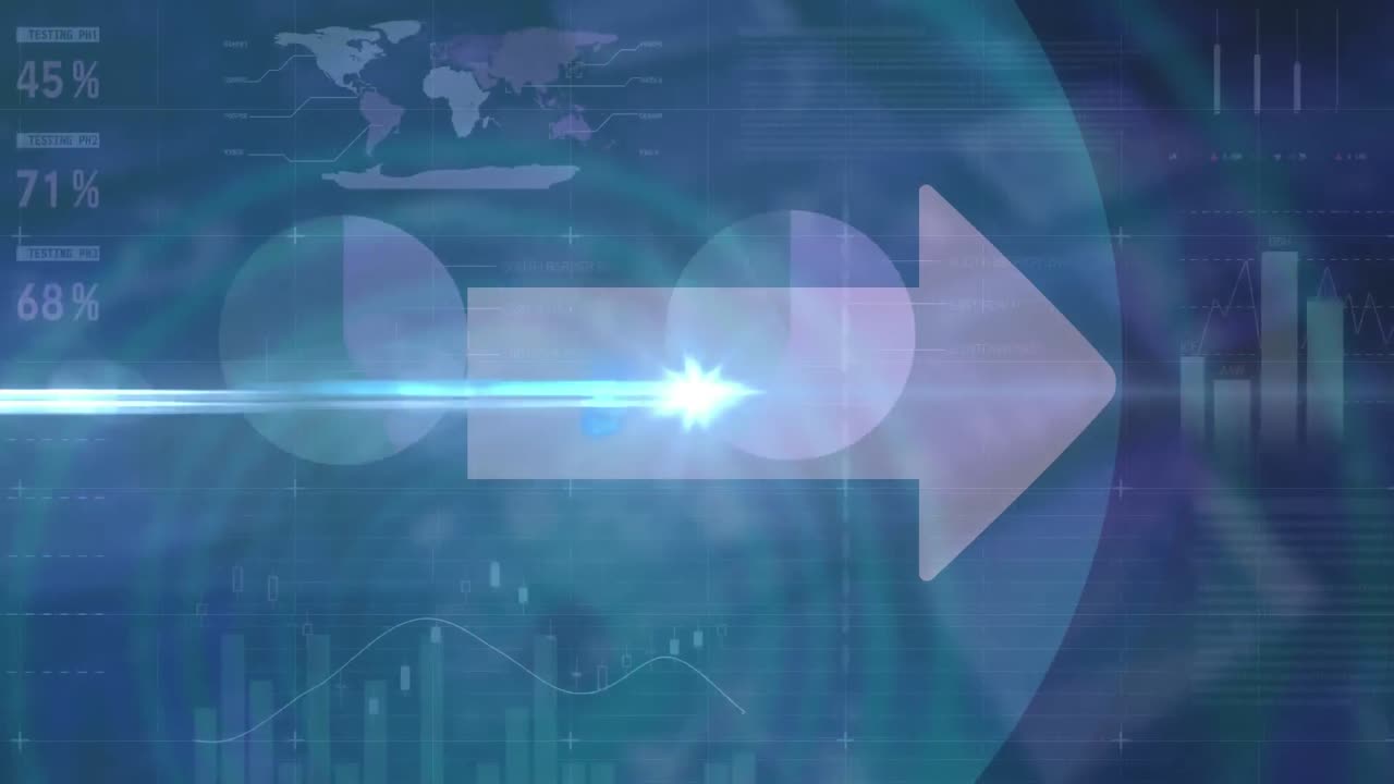 video compuesto digital de la flecha moviéndose contra el procesamiento de datos estadísticos sobre fondo azul