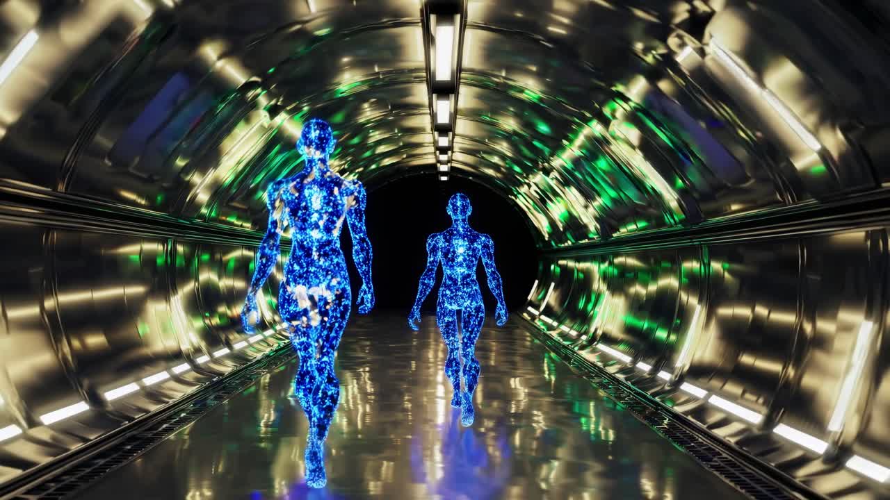 Digital humanoid figures walking through luminous metallic corridor, representing technological advancement and virtual reality journey within futuristic cyberspace environment