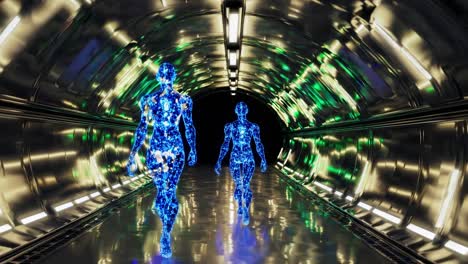 digital humanoid figures walking through luminous metallic corridor, representing technological advancement and virtual reality journey within futuristic cyberspace environment