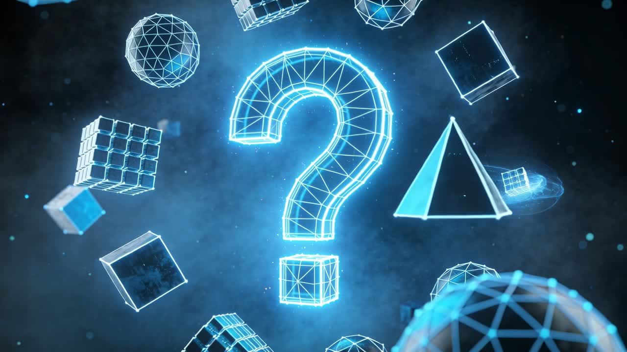 Camera rotating neon blue wireframe question mark pulsing as solids orbiting in void restoring view