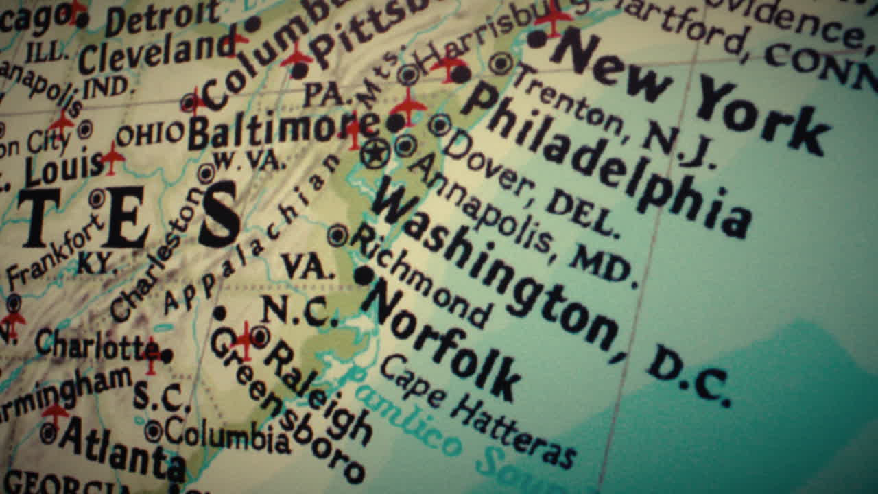 A map of the Eastern United States showing major cities and states