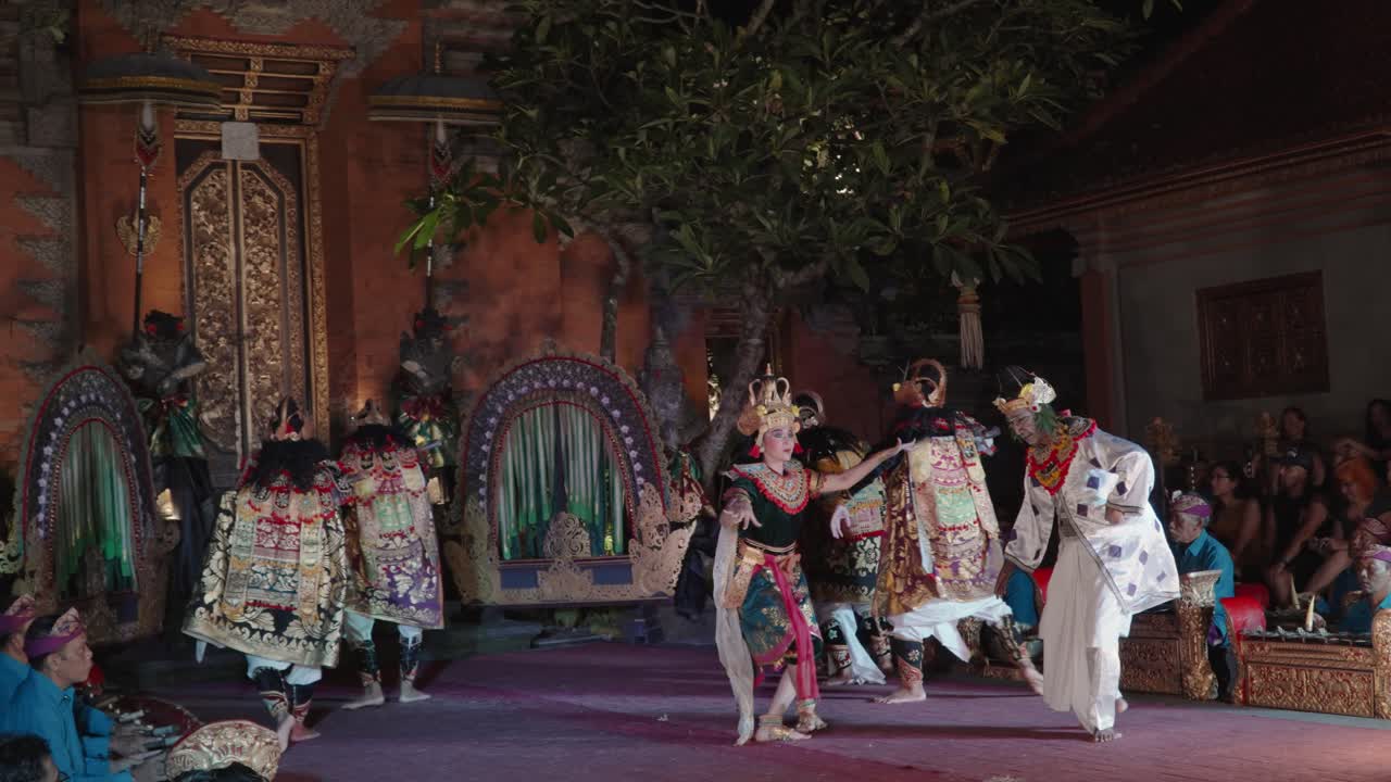 Group of Actors Dancing Legong and Ramayana Traditional Theater Dance Performance Held at Ubud Palace, Bali