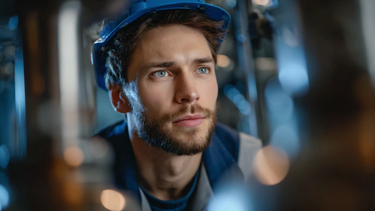 A focused young man in a safety helmet looks intently at machinery, showcasing diligence and concentration in his role within an industrial environment