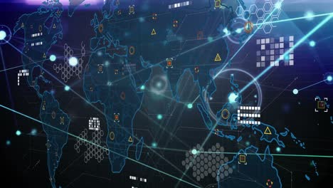 animación del procesamiento de datos y marcadores sobre el mapa del mundo