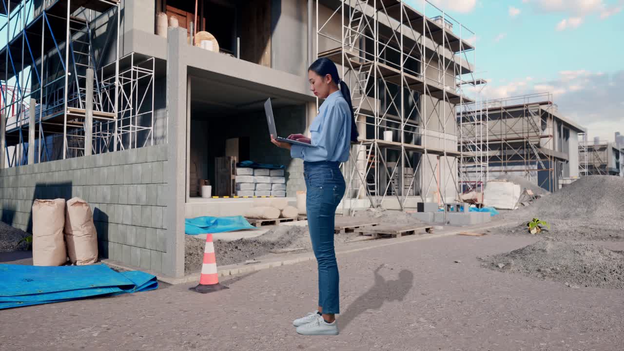 Full Body Side View Of Asian Female At Construction Site in Progress to New House, Observes By Looking Up Before She Come To Concentrating On The Laptop And Keep On Typing