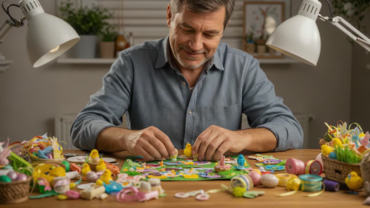 Creative Crafting Session: A Dedicated Artisan Engages with Colorful Materials While Assembling a Festive Scene Full of Fun and Whimsy