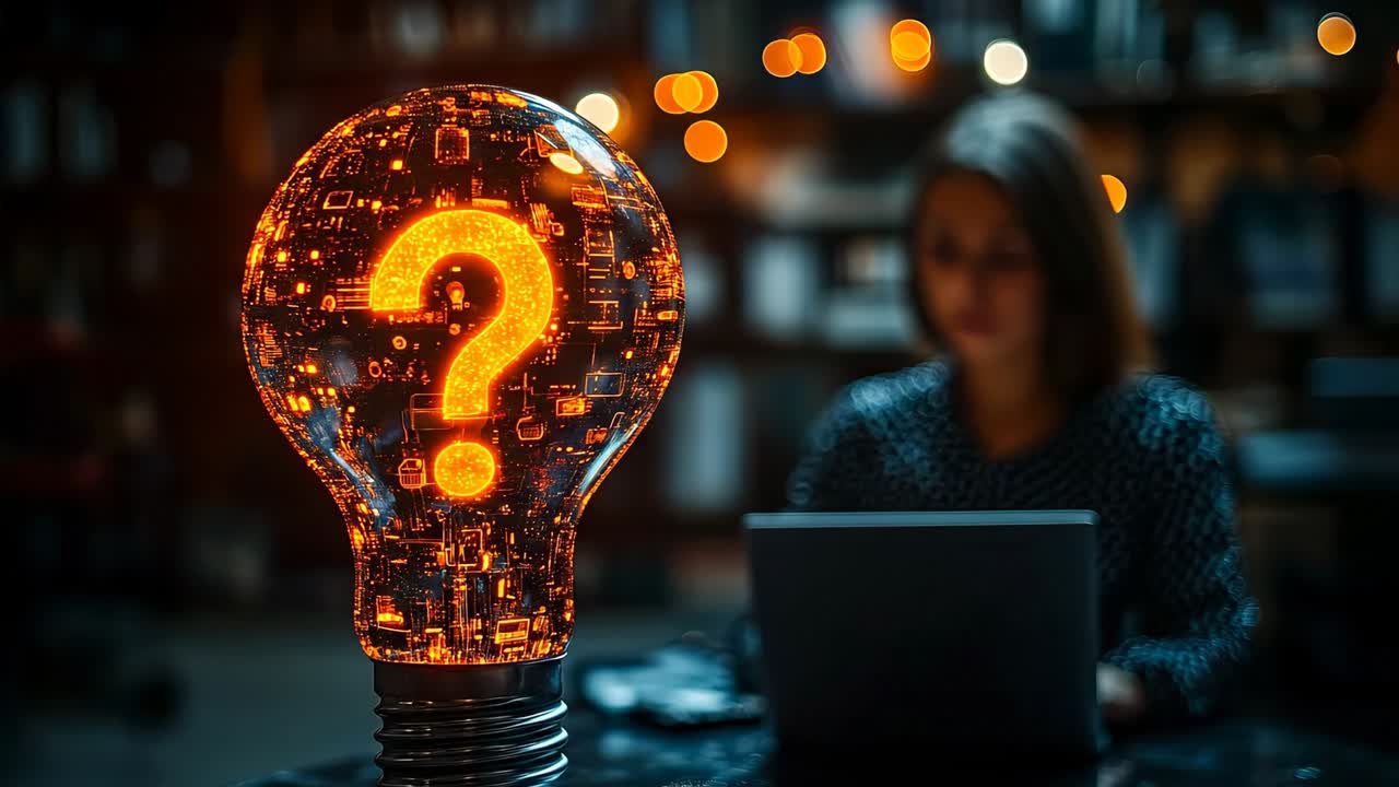 Library light bulb question. A person sits at a desk with a laptop in a library. A glowing light bulb with a question mark illuminates the scene
