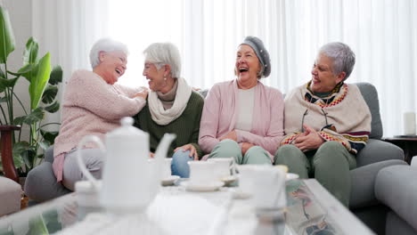 funny, senior women and friends in home living