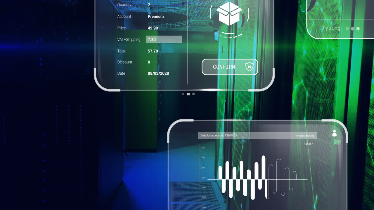 Showing digital animation of transaction details and audio waveform in server room