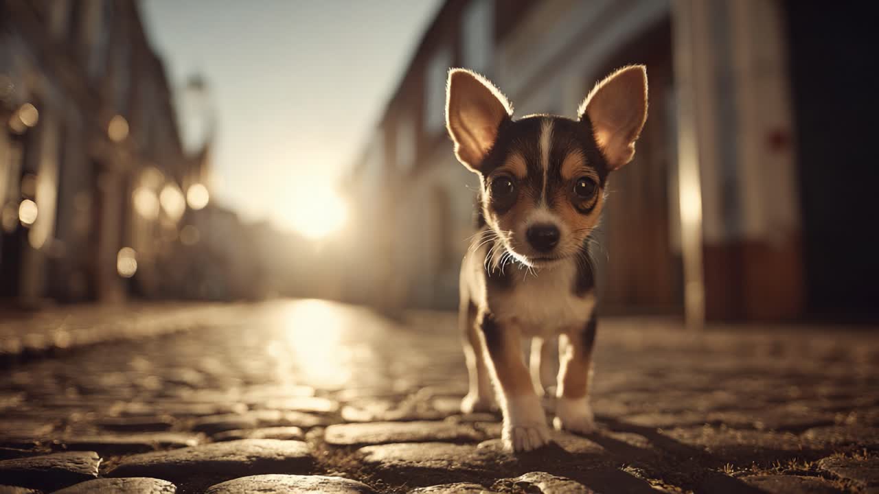 夕暮れの黄金色の光の下、石畳の道を散策する愛らしい子犬。穏やかな neighborhood で無邪気さと喜びの瞬間を捉えています。