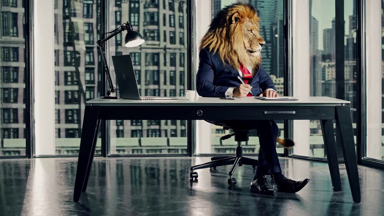 Et surrealistisk videokoncept med en forretningsmand med løvehoved i jakkesæt, der sidder ved et skrivebord i et moderne