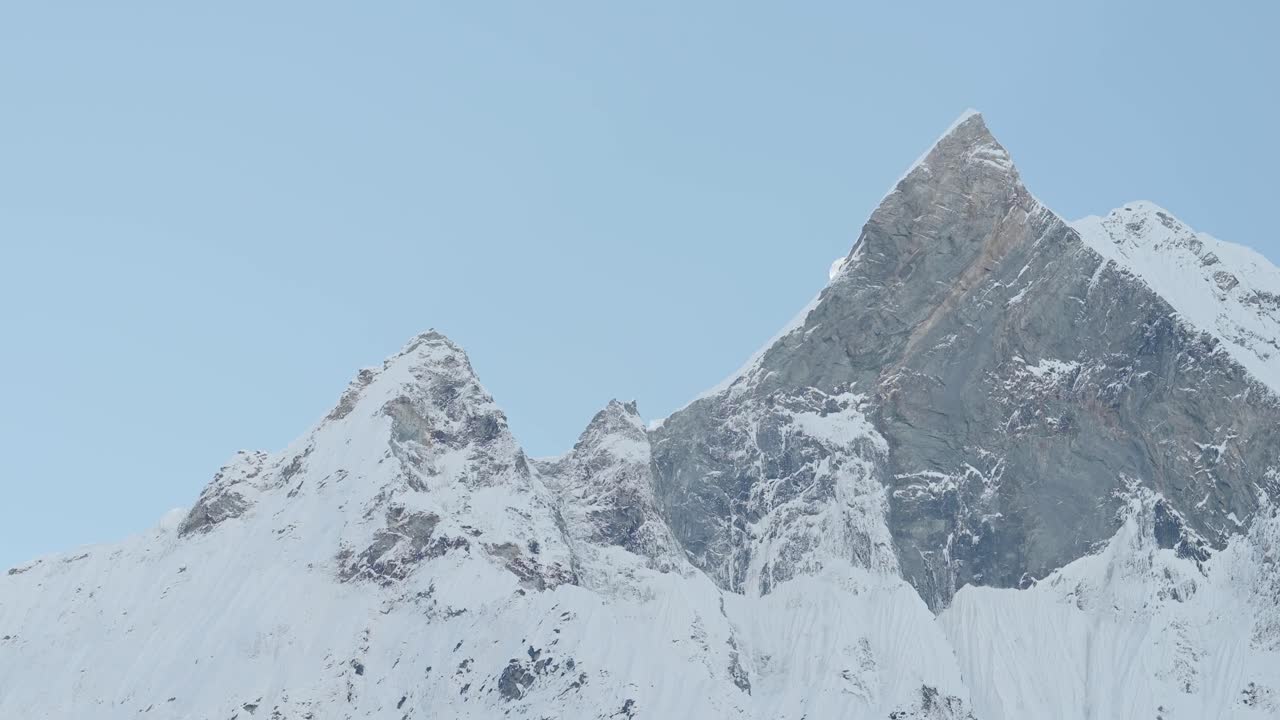 Massive Minimal Blue Winter Mountain Top in Himalayas Mountains in Nepal, Minimalist White and Blue Mountain Summit, Close Up Big Large Pointy Pointed Mountain Peak