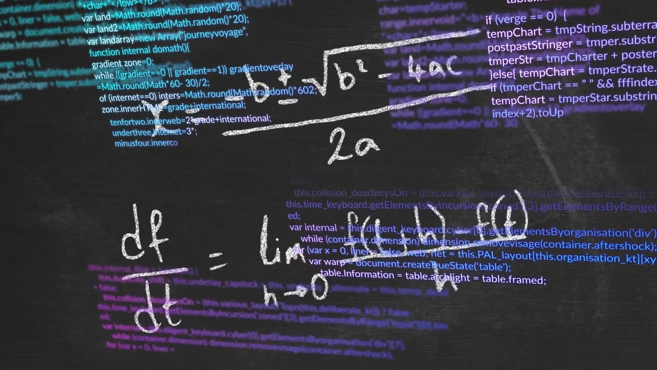 Mathematical Formulas Overlaid on Scrolling Computer Programming Code