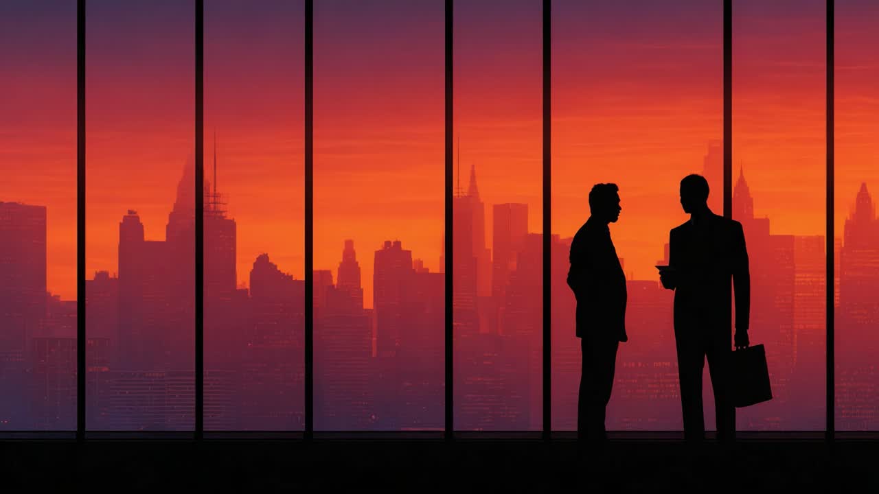 Dos profesionales participan en un debate importante con un impresionante horizonte al atardecer como telón de fondo, que muestra una combinación de dinámicas corporativas e impresionantes vistas.