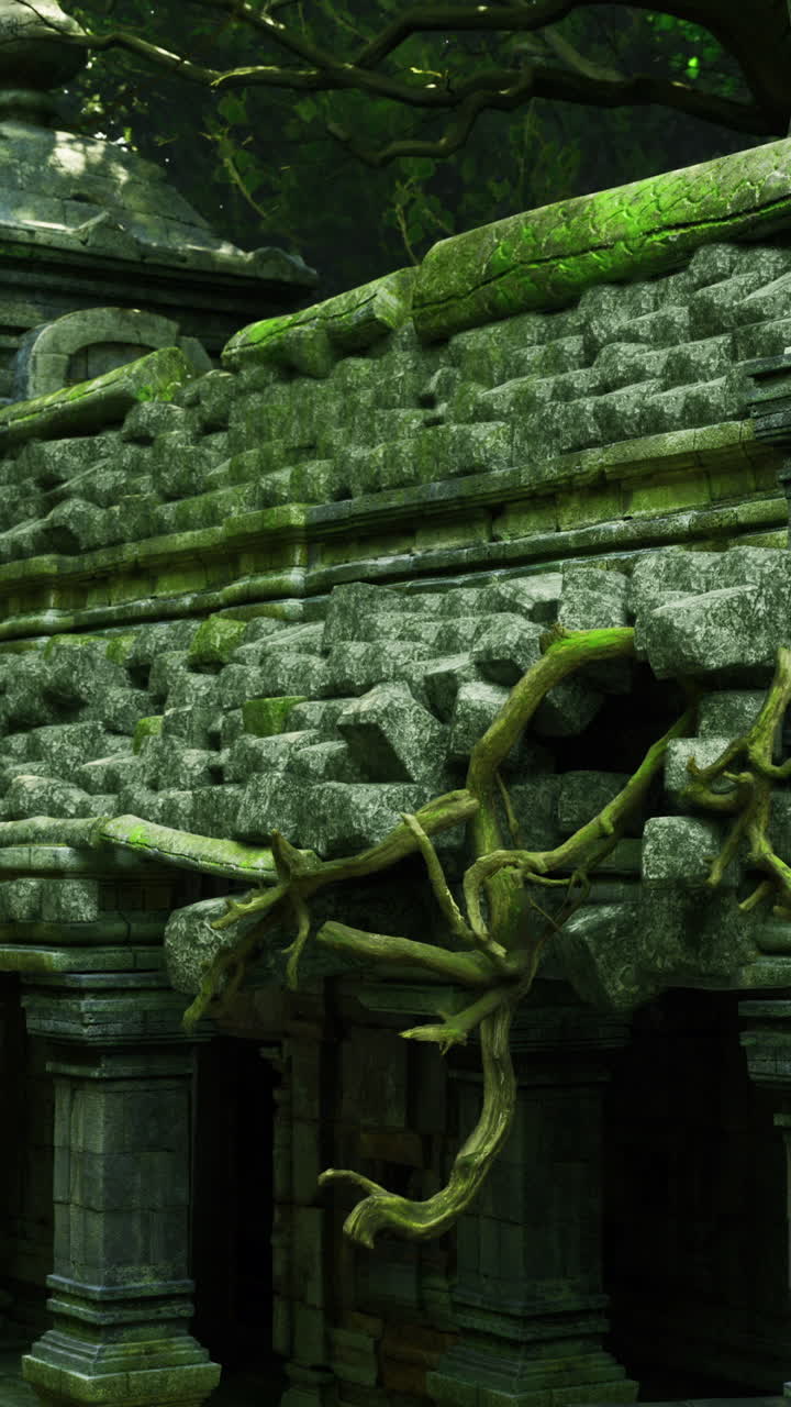 Antico tempio di pietra ricoperto di vegetazione in una fitta giungla