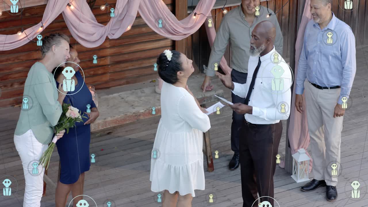 Groom starting vow reading, bride sharing vows, wedding guests smiling, icons floating over scene