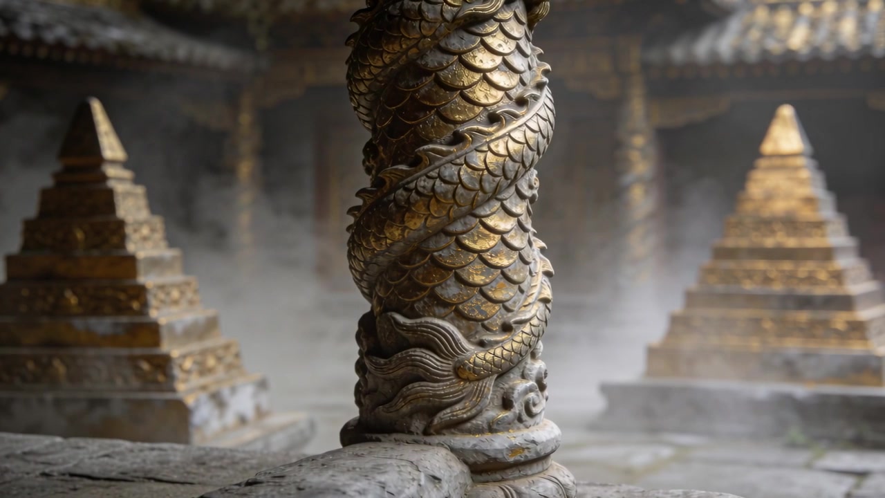 Moving camera approaching carved pillar showing gilded scales and tail in temple to reveal detail