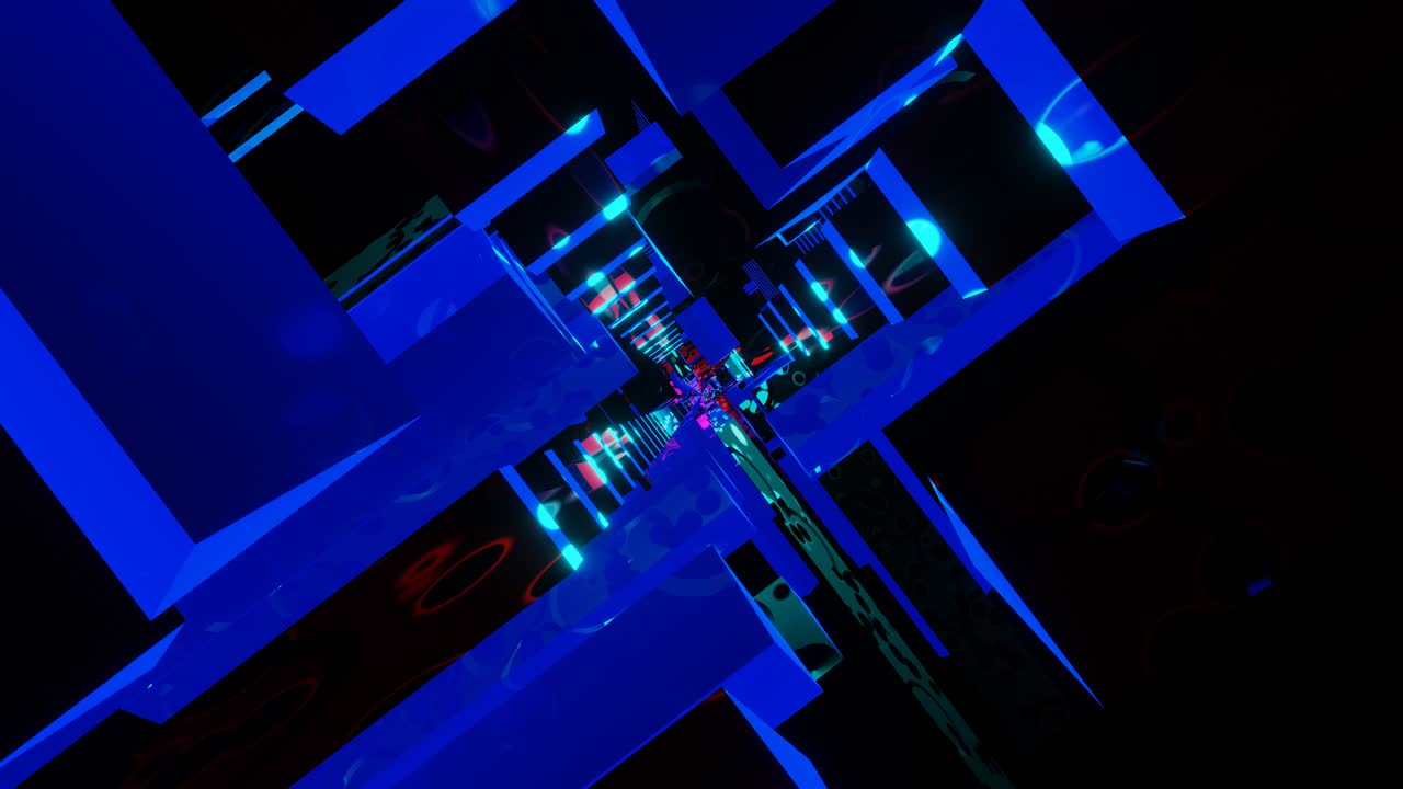 el bucle vj es un túnel místico abstracto de rectángulos azules con anillos rojos.