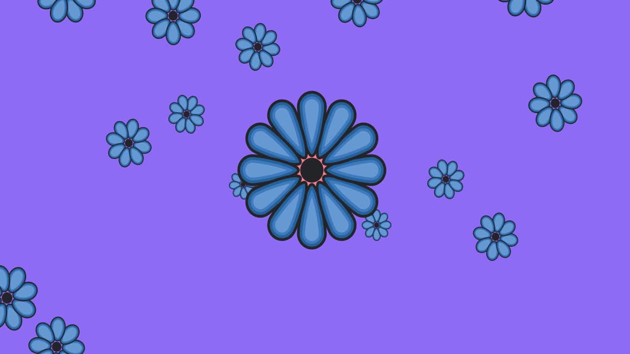 animación de flores azules sobre un fondo púrpura
