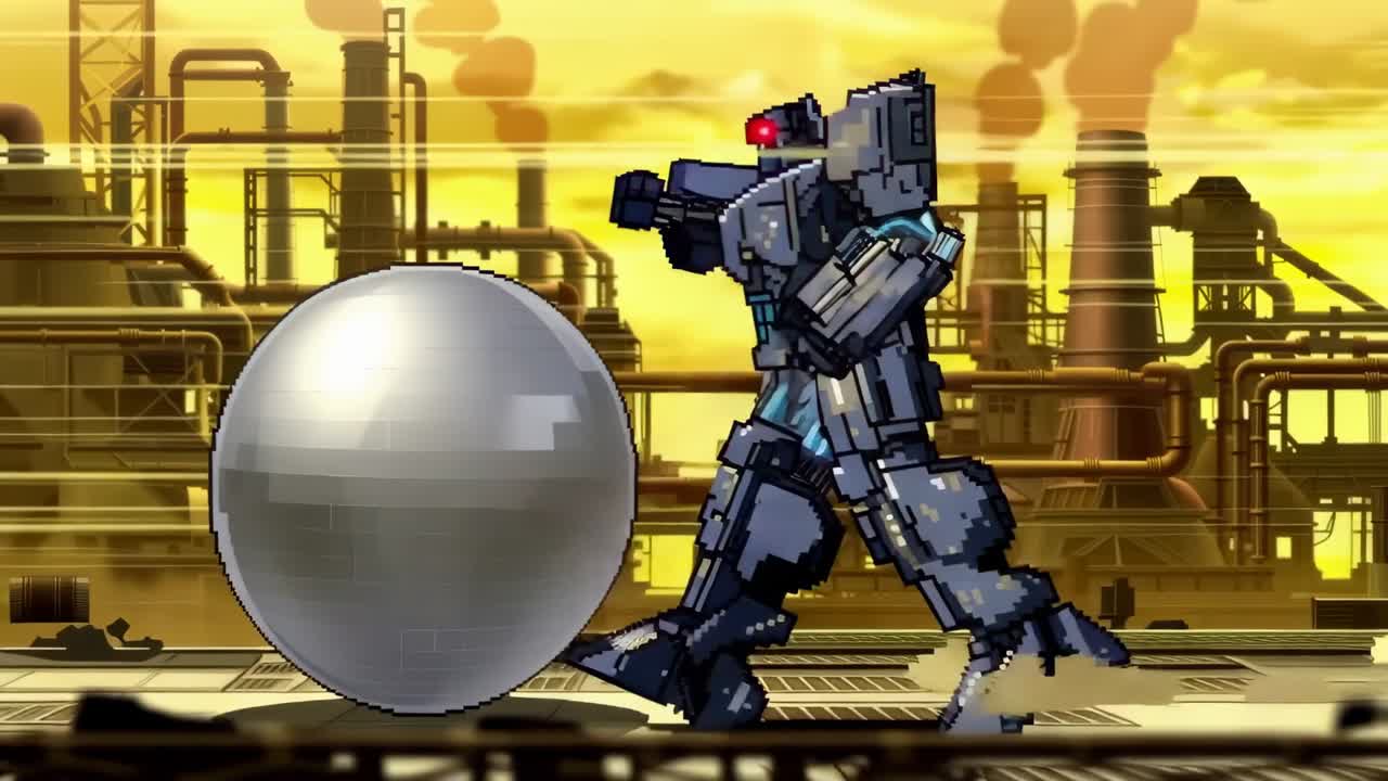 Kicking mech lifting leg, knocking orb across platform, moving orb and walking right, copy space
