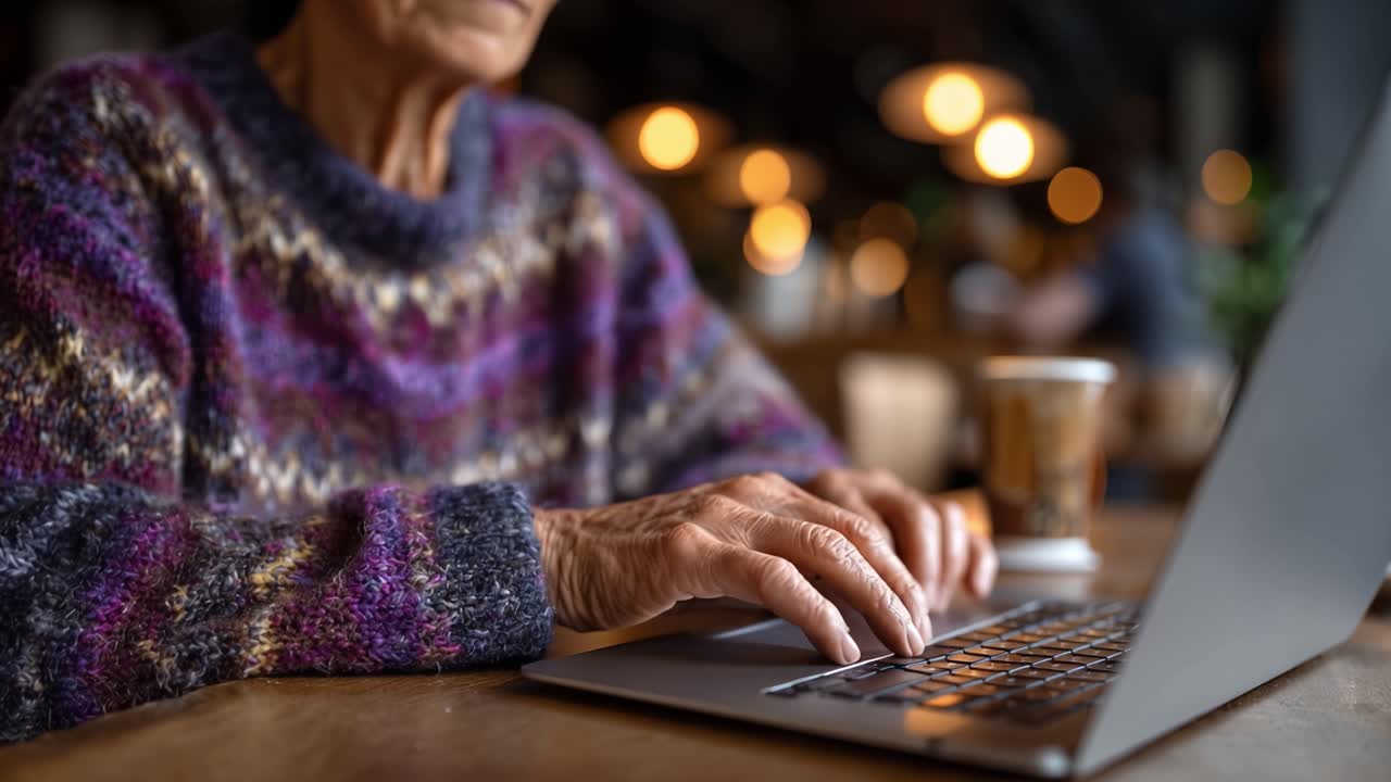 Warm sweater hugs gentle hands on laptop keys. Soft lights glow behind, blurred and calm. Focused fingers move with quiet purpose. Coffee cup waits nearby, unattended