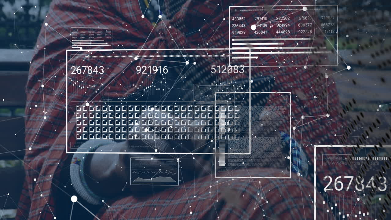 Using laptop with digital data and animation overlaying keyboard network connections
