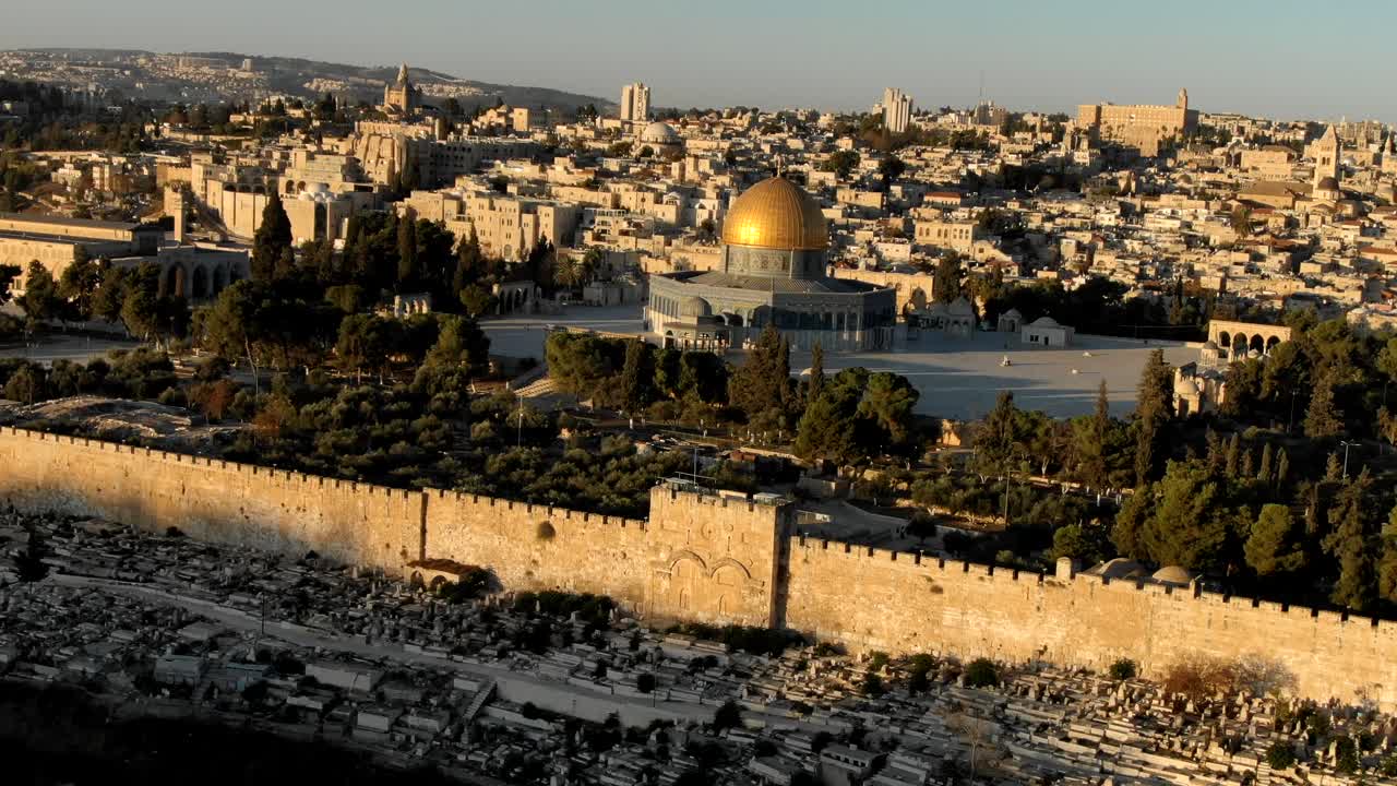 Aerial footage of Dome Of the Rock Jerusalem Israel Holy Land Muslim Biblical Tour Christan Jesus