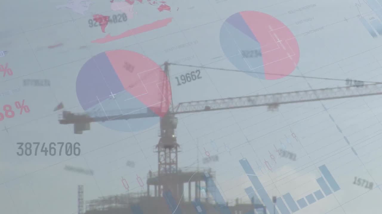 composición digital del procesamiento de datos financieros frente al sitio de construcción en segundo plano