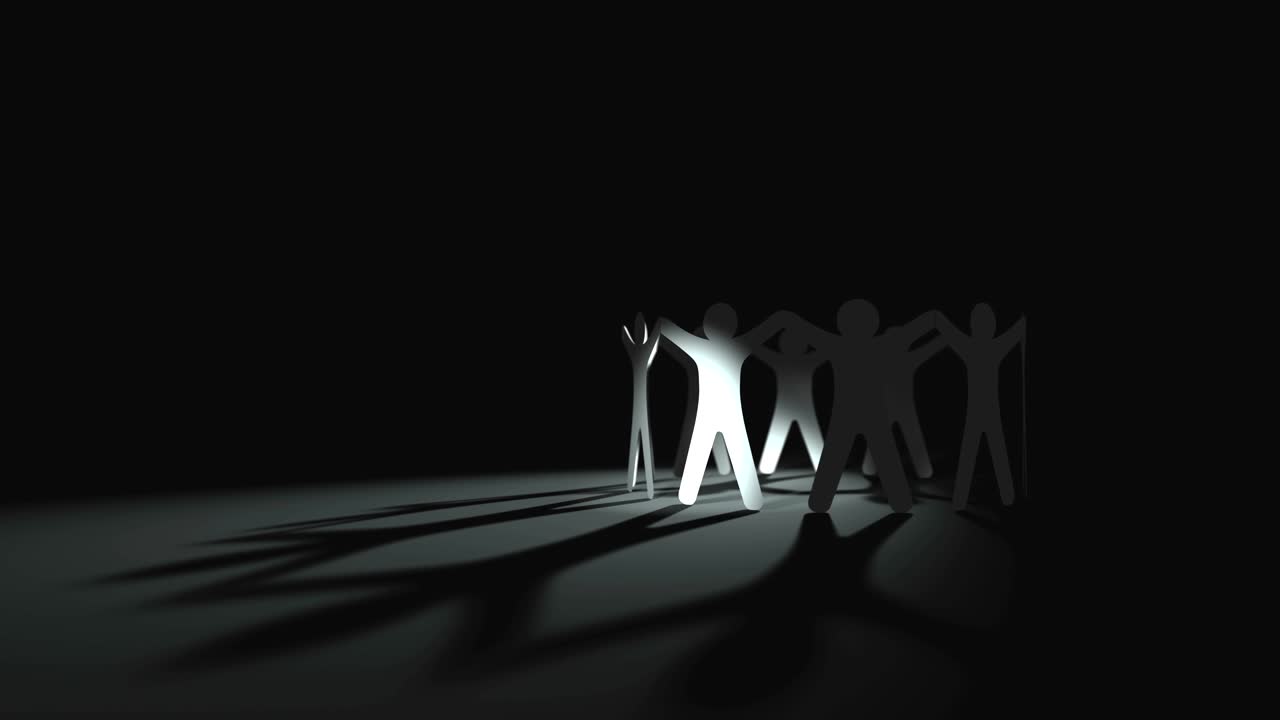 팀워크 개념: 인간 종이 인형 사람들이 회전하는 원을 잘라 그림자가 회색 바닥에 반사, 루프 배경